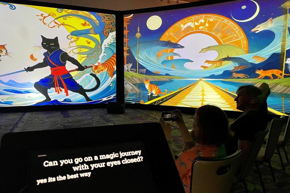 Pengunjung SXSW menyaksikan The Golden Key, sebuah kisah tanpa akhir yang dibuat dan dinarasikan oleh AI dengan masukan … [+] dari penonton yang menjawab pertanyaan di Austin, Texas, pada 12 Maret 2024. Di South by Southwest — festival raksasa Texas untuk film, musik, dan teknologi — para seniman tahun ini merangkul realitas virtual sebagai cara untuk lebih terhubung dengan kemanusiaan, bukan menghindarinya. VR dan augmented reality sering dikaitkan dengan video game, atau perlombaan perangkat keras inovatif yang sedang berlangsung antara raksasa teknologi seperti Apple dan Meta — meskipun dengan sedikit adaptasi massal.